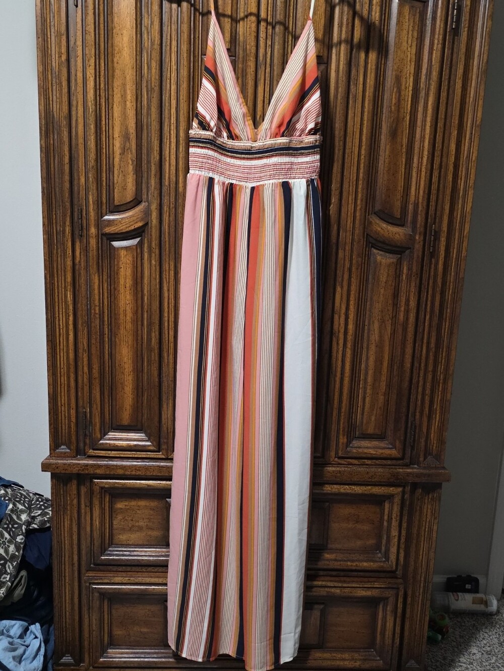 Timing Striped V-Neck Jumpsuit in Pink, Coral, White & Navy